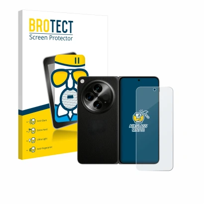 Front side of a product packaging with the brand logo BROTECT. Next to it is the device OnePlus Open (case-friendly) shown wit