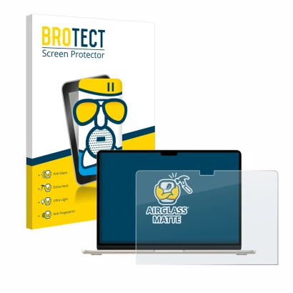 Front side of a product packaging with the brand logo BROTECT. Next to it is the device Apple MacBook Air 15" M3 2024 shown wi