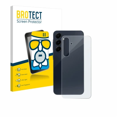 Front side of a product packaging with the brand logo BROTECT. Next to it is the device Samsung Galaxy A55 5G (Back) shown wit