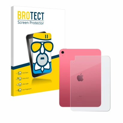 Front side of a product packaging with the brand logo BROTECT. Next to it is the device Apple iPad 10.9" 2022 (Back, 10th Gen.