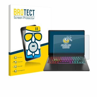 Front side of a product packaging with the brand logo BROTECT. Next to it is the device HP Omen Transcend 14 shown with the co