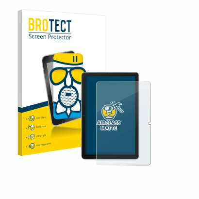 Front side of a product packaging with the brand logo BROTECT. Next to it is the device Blackview Tab 70 shown with the corres