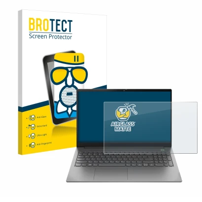 Front side of a product packaging with the brand logo BROTECT. Next to it is the device Lenovo ThinkBook 15 Gen 4 shown with t