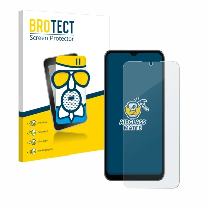 Front side of a product packaging with the brand logo BROTECT. Next to it is the device Blackview A52 Pro shown with the corre