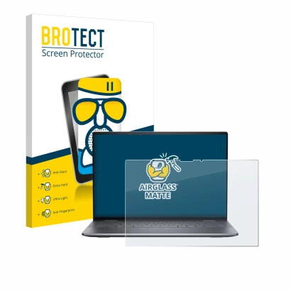 Front side of a product packaging with the brand logo BROTECT. Next to it is the device Dell Latitude 9450 2-in-1 shown with t