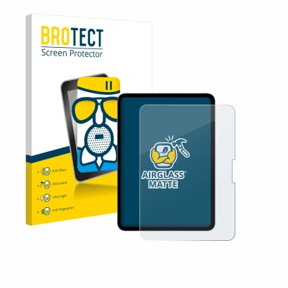 Front side of a product packaging with the brand logo BROTECT. Next to it is the device Apple iPad Pro 11" 2024 shown with the