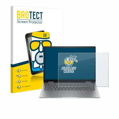 Front side of a product packaging with the brand logo BROTECT. Next to it is the device HP Envy x360 14 2-in-1 shown with the 