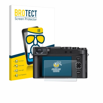 Front side of a product packaging with the brand logo BROTECT. Next to it is the device Leica D-Lux 8 shown with the correspon