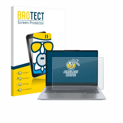 Front side of a product packaging with the brand logo BROTECT. Next to it is the device Lenovo ThinkBook 14 Gen 7 shown with t