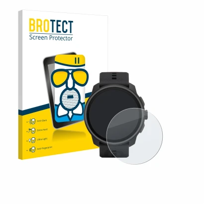 Front side of a product packaging with the brand logo BROTECT. Next to it is the device Suunto Race S shown with the correspon