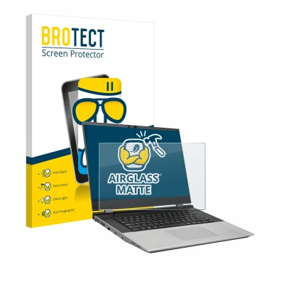 Front side of a product packaging with the brand logo BROTECT. Next to it is the device Framework Laptop 16 shown with the cor