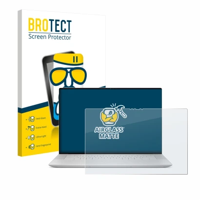 Front side of a product packaging with the brand logo BROTECT. Next to it is the device Dell XPS 16 9640 shown with the corres