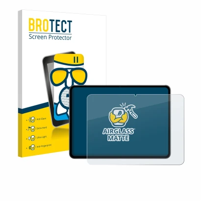 Front side of a product packaging with the brand logo BROTECT. Next to it is the device OnePlus Pad 2 shown with the correspon