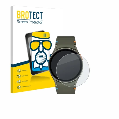 Front side of a product packaging with the brand logo BROTECT. Next to it is the device Samsung Galaxy Watch 7 (40 mm) shown w