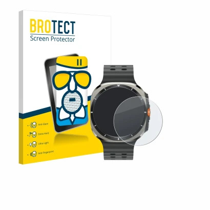 Front side of a product packaging with the brand logo BROTECT. Next to it is the device Samsung Galaxy Watch Ultra (47 mm) sho