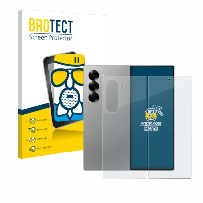 Front side of a product packaging with the brand logo BROTECT. Next to it is the device Samsung Galaxy Z Fold 6 5G (Front+Back