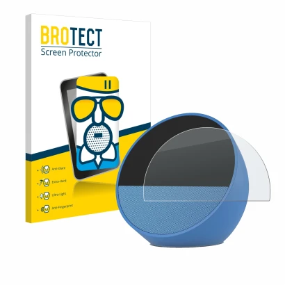 Front side of a product packaging with the brand logo BROTECT. Next to it is the device Amazon Echo Spot 2024 shown with the c