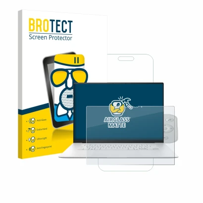 Front side of a product packaging with the brand logo BROTECT. Next to it is the device ASUS ZenBook S 16 shown with the corre