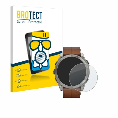 Front side of a product packaging with the brand logo BROTECT. Next to it is the device Garmin Fenix 8 AMOLED (51 mm) shown wi