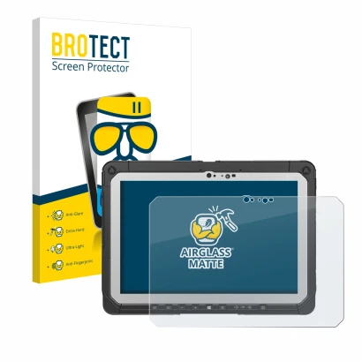 Front side of a product packaging with the brand logo BROTECT. Next to it is the device Panasonic Toughbook CF-20 MK2 shown wi