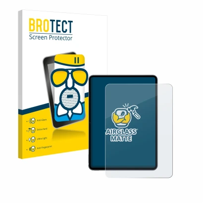 Front side of a product packaging with the brand logo BROTECT. Next to it is the device OnePlus Pad 2 (portrait) shown with th