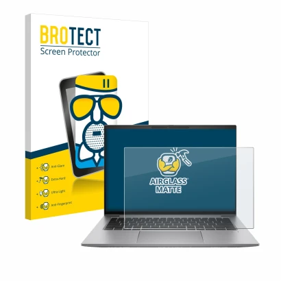 Front side of a product packaging with the brand logo BROTECT. Next to it is the device HP Zbook Firefly 14 G11 shown with the