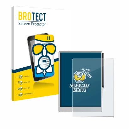 Front side of a product packaging with the brand logo BROTECT. Next to it is the device reMarkable Paper Pro shown with the co