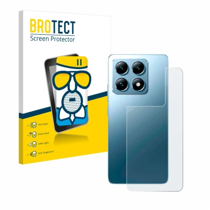 Front side of a product packaging with the brand logo BROTECT. Next to it is the device Xiaomi 14T Pro (Back) shown with the c