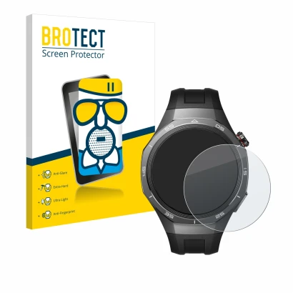 Front side of a product packaging with the brand logo BROTECT. Next to it is the device Huawei Watch GT 5 Pro (46 mm) shown wi