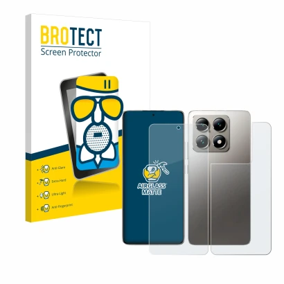 Front side of a product packaging with the brand logo BROTECT. Next to it is the device Xiaomi 14T (Front+Back) shown with the