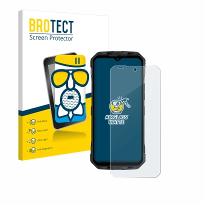 Front side of a product packaging with the brand logo BROTECT. Next to it is the device Doogee V Max Plus shown with the corre