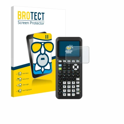 Front side of a product packaging with the brand logo BROTECT. Next to it is the device Texas Instruments TI-84 Plus CE-T Pyth