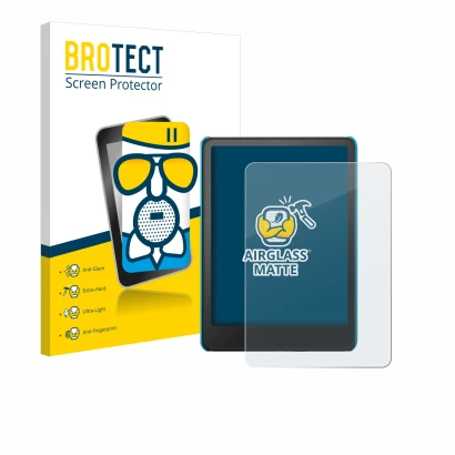 Front side of a product packaging with the brand logo BROTECT. Next to it is the device Amazon Kindle Paperwhite Kids 2024 sho