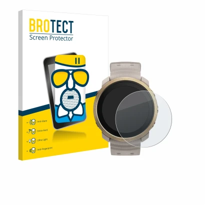 Front side of a product packaging with the brand logo BROTECT. Next to it is the device Polar Vantage M3 shown with the corres