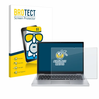 Front side of a product packaging with the brand logo BROTECT. Next to it is the device Acer Aspire 3 Spin A3SP14 shown with t