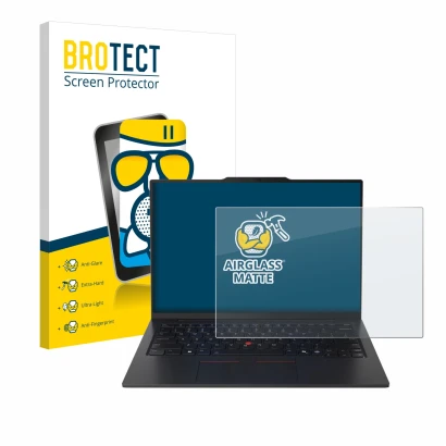 Front side of a product packaging with the brand logo BROTECT. Next to it is the device Lenovo ThinkPad X1 Carbon Gen 13 14