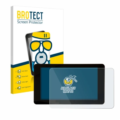 Front side of a product packaging with the brand logo BROTECT. Next to it is the device Raspberry Pi Touchscreen 2 (7") shown