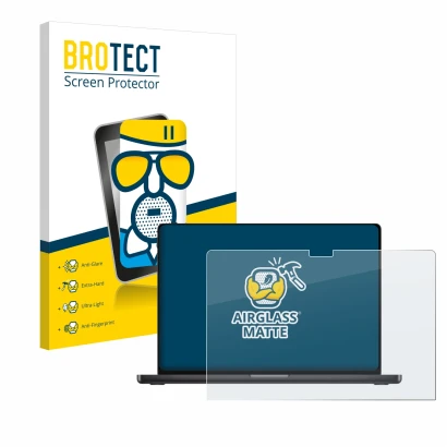 Front side of a product packaging with the brand logo BROTECT. Next to it is the device Apple MacBook Pro 16