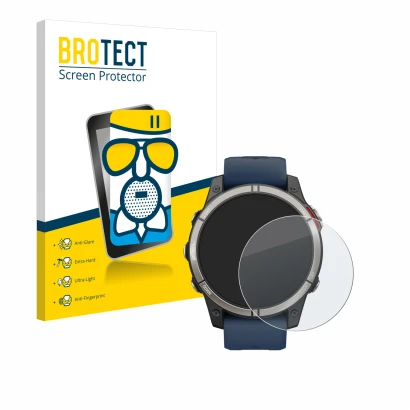 Front side of a product packaging with the brand logo BROTECT. Next to it is the device Garmin quatix 7 Pro shown with the cor