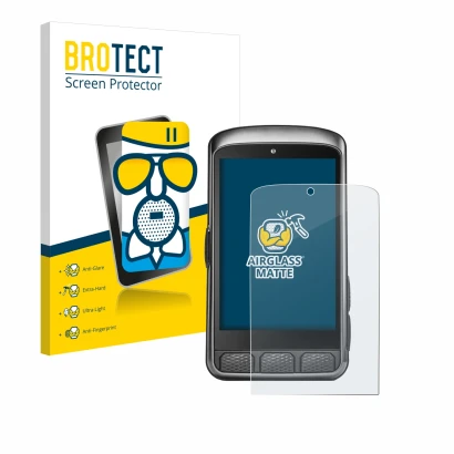 Front side of a product packaging with the brand logo BROTECT. Next to it is the device Wahoo Elemnt ACE shown with the corres