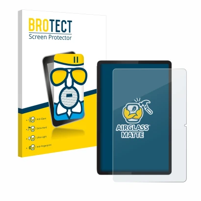 Front side of a product packaging with the brand logo BROTECT. Next to it is the device Lenovo Tab 2025 10.1" shown with the c