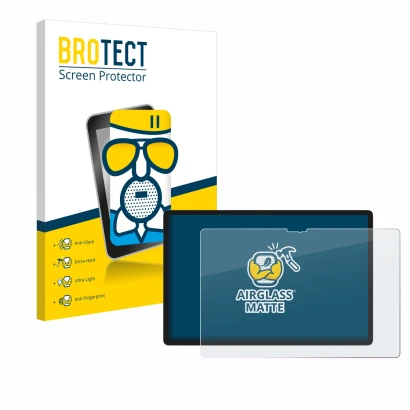 Front side of a product packaging with the brand logo BROTECT. Next to it is the device Lenovo Yoga Tab 2025 shown with the co