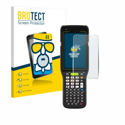 Front side of a product packaging with the brand logo BROTECT. Next to it is the device Zebra MC3400 shown with the correspond