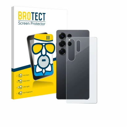 Front side of a product packaging with the brand logo BROTECT. Next to it is the device Samsung Galaxy S25 Ultra (Back) shown 