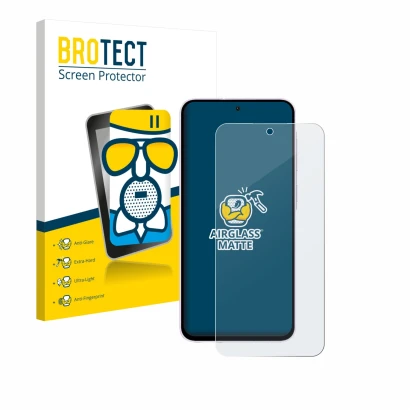 Front side of a product packaging with the brand logo BROTECT. Next to it is the device Samsung Galaxy A56 5G shown with the c