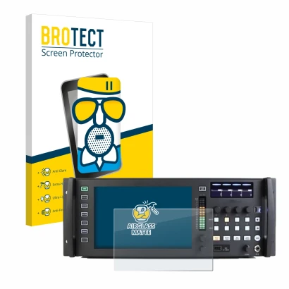 Front side of a product packaging with the brand logo BROTECT. Next to it is the device Behringer Wing Rack shown with the cor