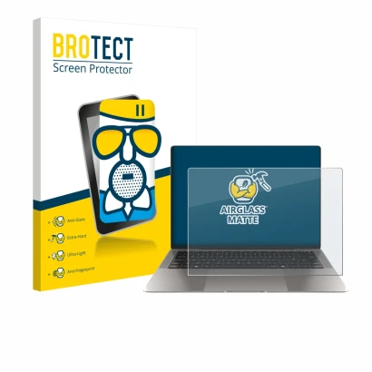 Front side of a product packaging with the brand logo BROTECT. Next to it is the device Honor MagicBook Art 14 shown with the 