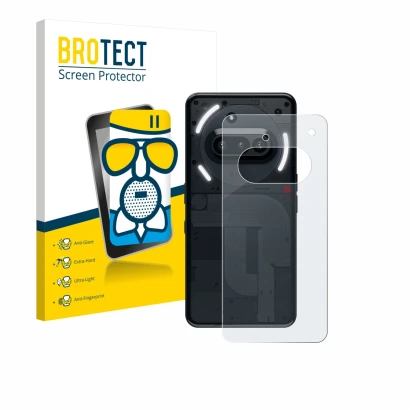 Front side of a product packaging with the brand logo BROTECT. Next to it is the device Nothing Phone (3a) (Back) shown with t