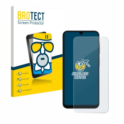 Front side of a product packaging with the brand logo BROTECT. Next to it is the device Samsung Galaxy A26 5G shown with the c