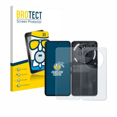 Front side of a product packaging with the brand logo BROTECT. Next to it is the device Nothing Phone (3a) Pro (Front+Back) sh
